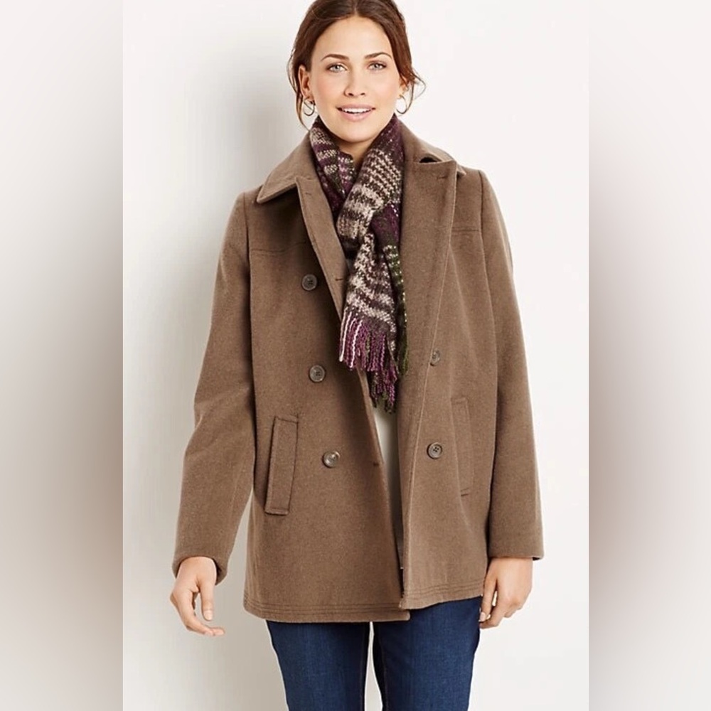 New J.Jill Double Breast Pea Coat Wool Blend Peat Soft